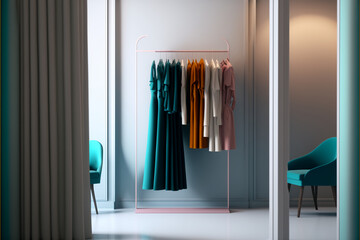 Fashionable clothing displayed in fashion boutique racks. Generative AI