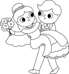 Vector black and white illustration with groom carrying bride on his hands. Cute just married couple. Wedding ceremony line icon. Cartoon marriage coloring page with newly married couple.