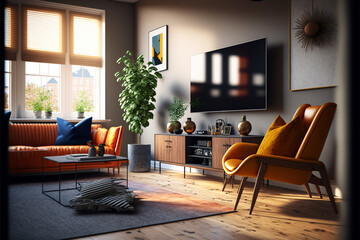 A contemporary living room with stylish furniture. Generative AI