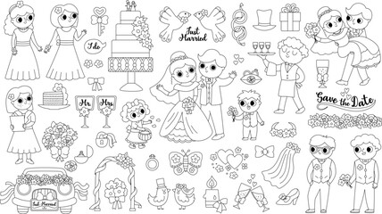 Vector big black and white wedding elements set. Cute marriage line clipart and scenes with bride and groom, bridesmaids, rings, cake. Just married couple collection. Funny ceremony coloring page.