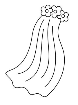 recommend clip art: Vector black and white veil icon. Bride clothes illustration. Cute line just married girl accessory. Wedding ceremony coloring page. Cute lady outline vailing with flowers.