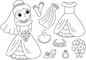 Vector black and white bride clothes set. Cute just married girl with dress, accessory. Wedding ceremony line icon pack. Newly married woman coloring page with veil, shoe, bouquet.