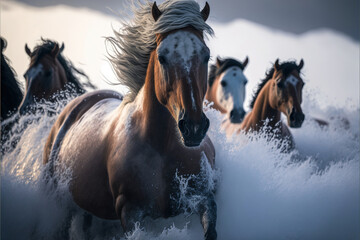 Horses, Digital national geographic realistic illustration with stunning scene