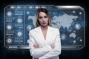 Young business lady in futuristic office with HUD. Global corporate concept