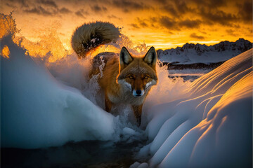 Fox, Digital national geographic realistic illustration with stunning scene