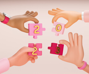 jigsaw puzzle pieces symbol of teamwork. Problem-solving, business challenge in 3d hand of connection jigsaw puzzle, partnership success. cartoon teamwork puzzle success icon. 3d render illustration