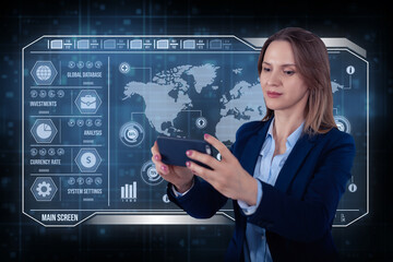 Young business lady in futuristic office with HUD. Global corporate concept