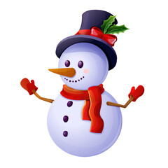 Cute snowman with top hat, scarf, emotional happy face in cartoon style isolated on white background. Christmas character, winter decoration