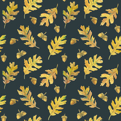 Seamless pattern with oak leaves and acorns. Hand-drawn watercolor illustration. Wild plants. Brownish on dark background.