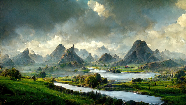 Painting from romantic traditional Landscape with Mountains and sea. Generativ AI