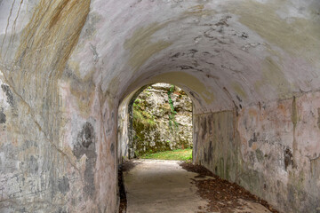 Obraz premium Osoppo, Festung, Bunker, Ruine, Friaul, Denkmal, Forte Osoppo, Gewölbe, Colle Napoleone, Baudenkmal, Julisch Venetien, Italien, Munitionsbunker, verfallen, unterirdisch, Gang, Front, Unterkunft, Ziege