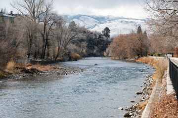 View of Rapids on the Truckee River just West of Downtown Reno at a park during winter.