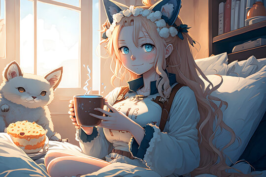 anime girl in the bed with a cup of water and chubby white cat eating cake for its birthday