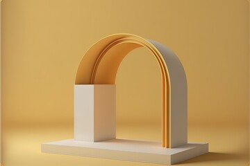 Pastel, light, citrus yellow luxurious product display podium or stand minimal composition with golden arch line in background and light  . Generative AI