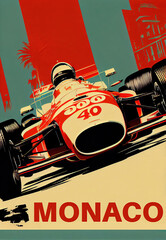 Colourful Retro Monaco Grand Prix Poster Generative AI Illustration - obrazy, fototapety, plakaty