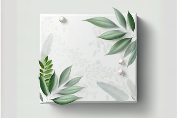 White Blank Rectangle marble template in white background on top view. decorated by shadow leaves. for new product, promotion sale, banner, presentation, cosmetic, offer.. Generative AI