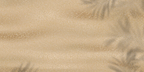 Sand beach texture with Palm leaf shadow background.Horizon Coastal beach waves for Summer vacation on seaside.Tropical seashore landscape.Desert surface,Vector 3d Brown sandy dune for Summer banner.