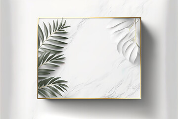 White Blank Rectangle marble template in white background on top view. decorated by shadow leaves. for new product, promotion sale, banner, presentation, cosmetic, offer. Generative AI