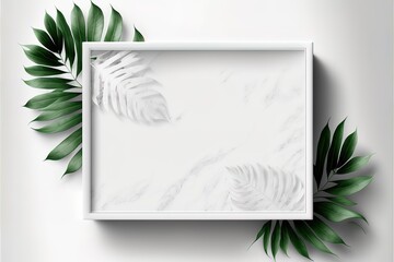 White Blank Rectangle marble template in white background on top view. decorated by shadow leaves. for new product, promotion sale, banner, presentation, cosmetic, offer. Generative AI