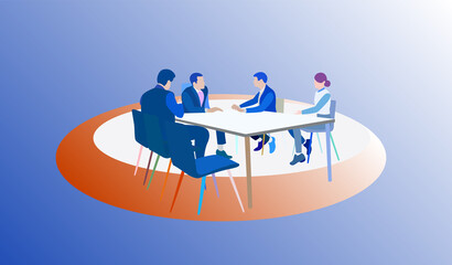 Politicians or corporate officers group authority people talks sitting at round table.  Flat vector illustration.
