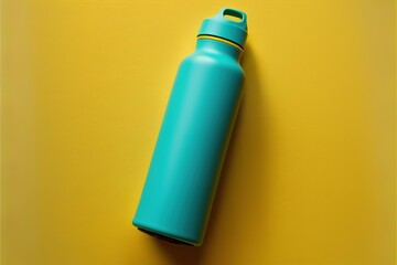 top view thermos water bottle. Blue water bottle wet isolated on yellow background. Generative AI