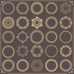 Vintage brown and yellow set of vector round elements. Different elements for design frames, cards, menus, backgrounds and monograms. Classic patterns. Set of vintage patterns