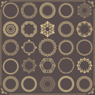 Vintage brown and yellow set of vector round elements. Different elements for design frames, cards, menus, backgrounds and monograms. Classic patterns. Set of vintage patterns