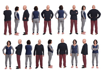 various poses of the same man and the same woman in pajamas