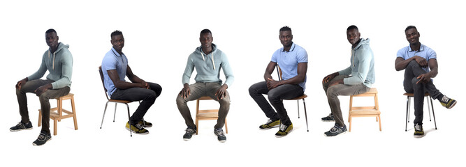 line of same african man sitting on stool  and chair on white background