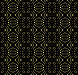 Geometric repeating vector ornament with hexagonal black and golden dotted elements. Geometric modern ornament. Seamless abstract modern pattern