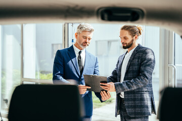 Handsome mature car salesman helping his client to sign all the documents needed.