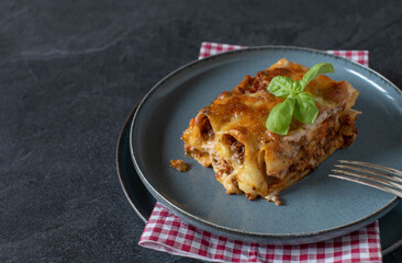Piece of noodle casserole with stuffed cannelloni. Filled with bolognese sauce and topped with bechamel sauce and mozzarella cheese. 