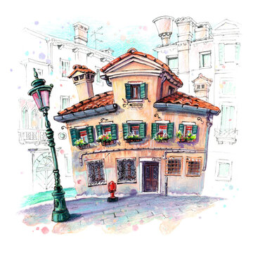 Watercolor sketch of Typical Venetian house in Castello district, Venice, Italy.