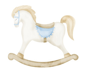 Rocking Horse baby Toy. Hand drawn watercolor illustration of Riding pony for little boy. Funny animal for kid game in vintage style. Retro drawing on isolated background for children holiday © Alisles
