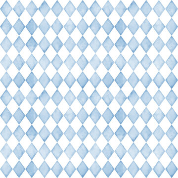 Fototapeta Seamless watercolor geometric Pattern with Blue Rhombus on isolated background. Hand drawn illustration for wallpaper or wrapping paper. Texture with Rhomb for textile design. Simple vintage backdrop