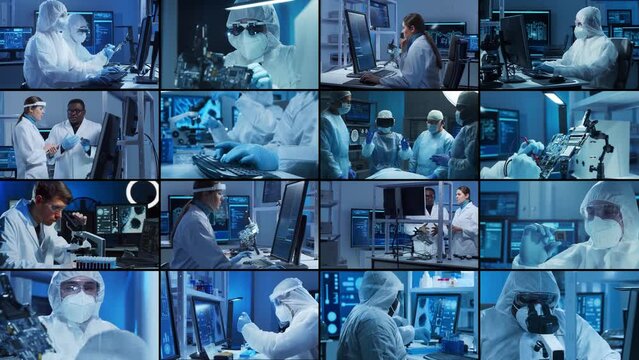 Science, research and laboratory work concept. Diverse people work in modern science labs. Doctors, professors and lab assistants conduct medical, nanotechnological and microelectronic research.