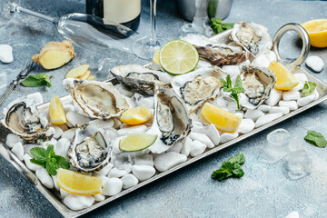 Fresh oysters with lemon and ice. Restaurant delicacy. oysters dish. Oyster dinner with champagne in restaurant,
