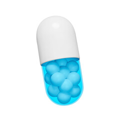 Capsule 3d icon. White medicine pill with balls inside. Isolated object on transparent background