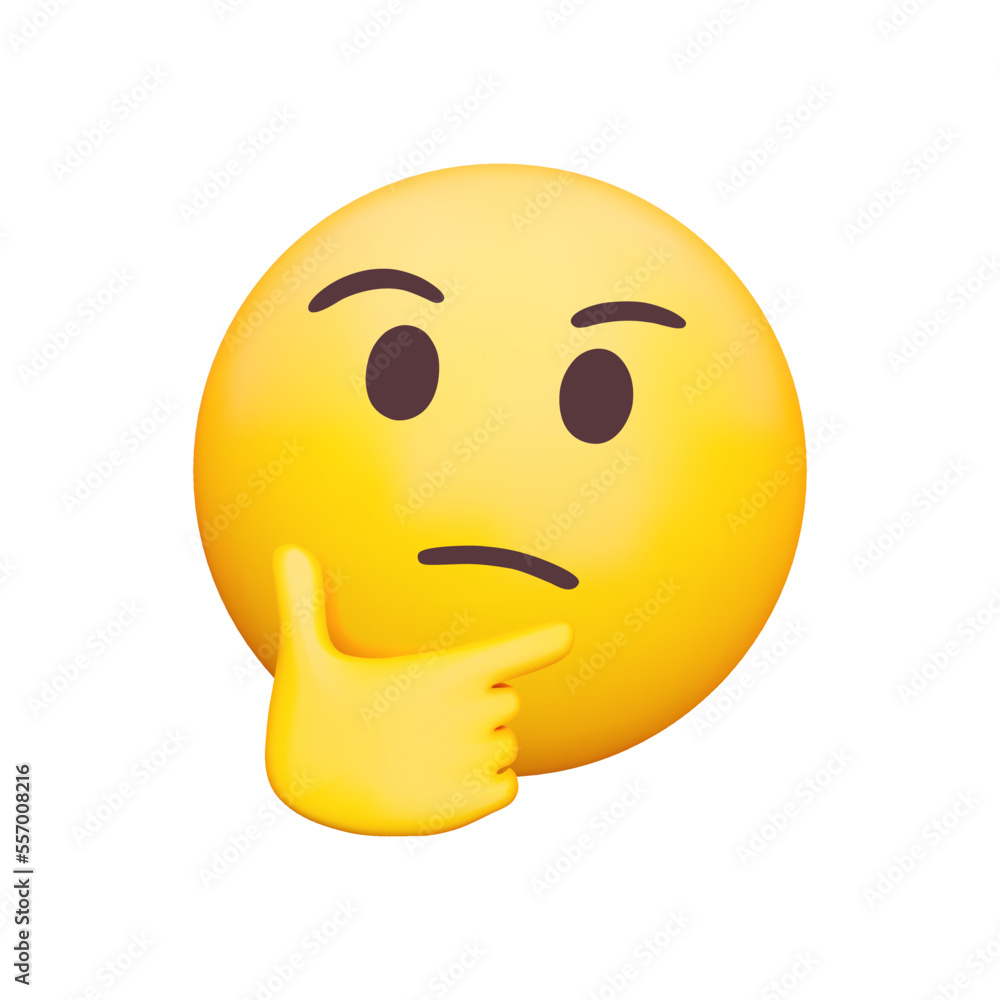 Poster thinking face 3d icon. emoji with thumb and index finger resting on its chin. pondering, deep in tho