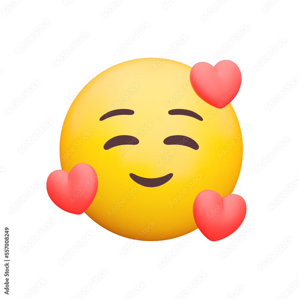 Poster smiling face with hearts 3d icon. yellow emoji with smiling eyes, smile and hearts floating around h