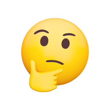 Thinking face 3d icon. Emoji with thumb and index finger resting on its chin. Pondering, deep in thought. Hmm. Isolated object on transparent background