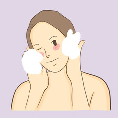 Young woman washing face with foam Hand drawn style vector design illustrations.
