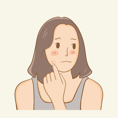 A Woman with Skin Trouble,girl with skin problems caring for her face,Сute cartoon illustration with a girl with problem skin. Girl with acne looks in the mirror.Skincare, skin problems, pimples conce