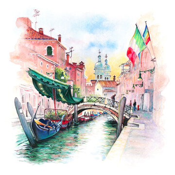 Watercolor sketch of San Barnaba canal, bright houses and Gondolas at their moorings, Venice, Italy.