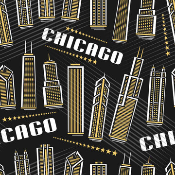 Vector Chicago Seamless Pattern, square repeat background with illustration of famous chicago city scape on dark background for wrapping paper, decorative line art urban poster with white text chicago