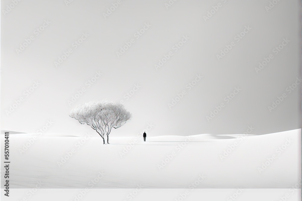 Poster a lone tree in a snowy landscape with a lone person standing in the distance in the distance., gener