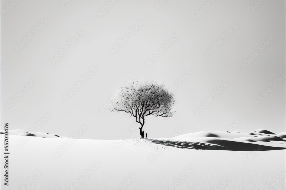 Poster a lone tree in a snowy field with a sky background and a shadow of a tree on the ground., generative