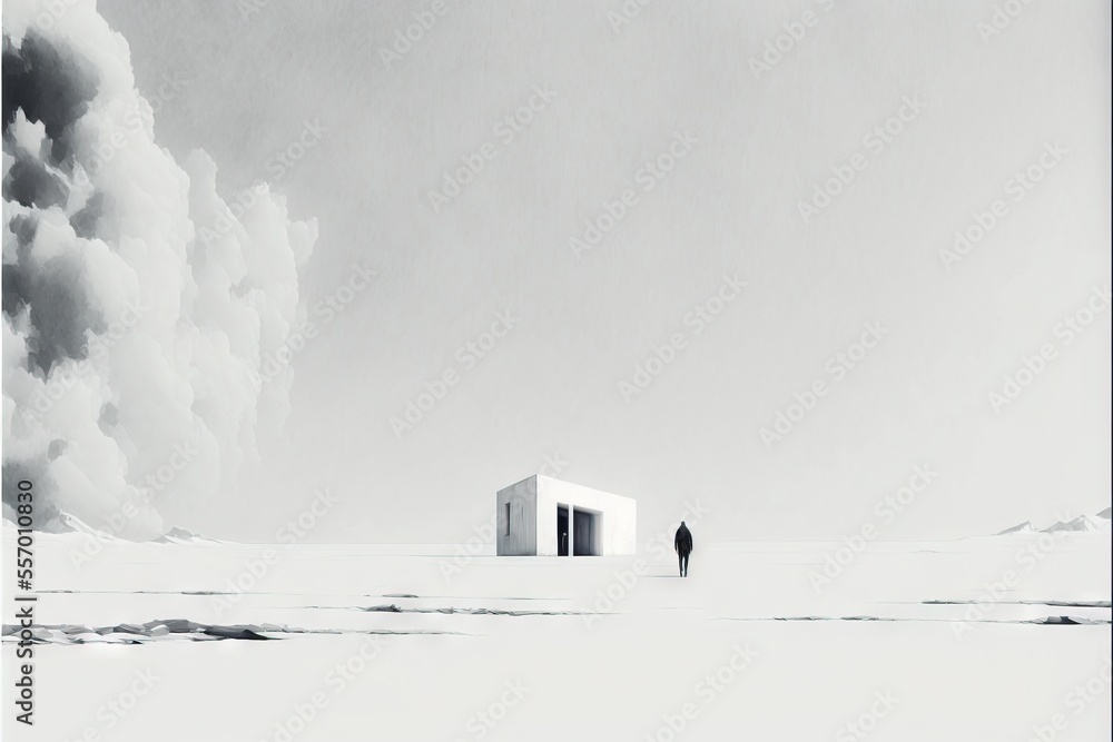Poster a man standing in the middle of a field with a building in the background and a sky filled with clou