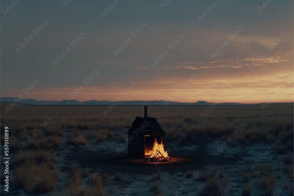 Poster a small house sitting in a field with a fire in the middle of it's fireplace and a sky background., 