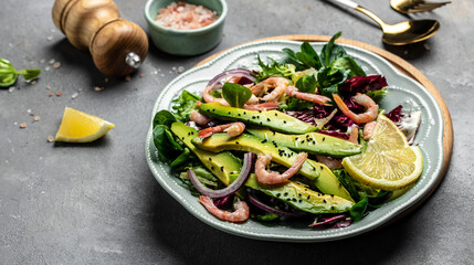 salad with fresh Avocado, Shrimps lettuce green mix and olive oil, lemon dressing. healthy food, Delicious breakfast or snack, Clean eating, dieting, vegan food concept. top view